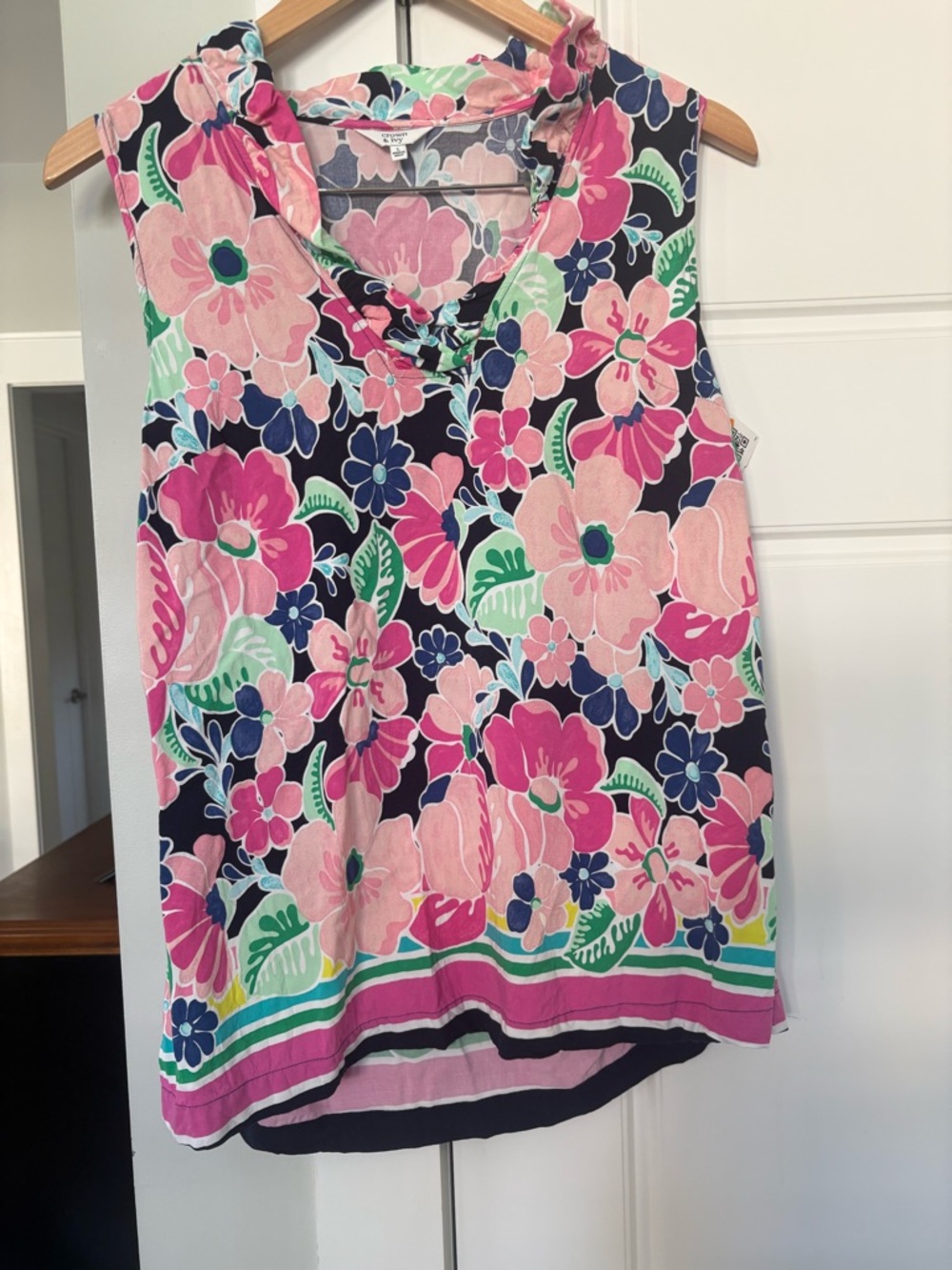crown & ivy Navy Floral Sleeveless blouse with Pink Flowers